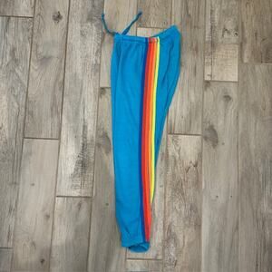 Aviator Nation Blue Wide Leg Pants with Rainbow Stripe